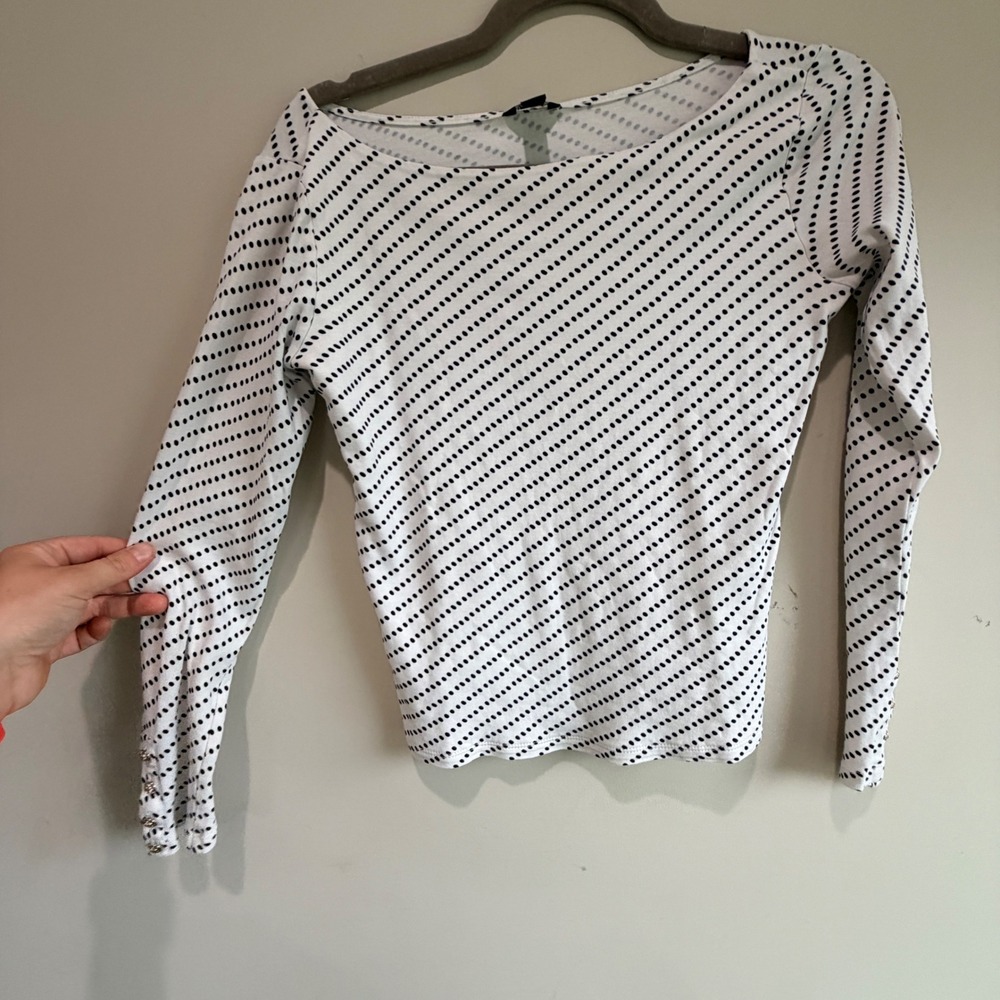 Ann Taylor Polka Dot Long Sleeve Top Womens XS White Black Stretch Minimalist